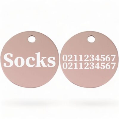 ⭐️Allpaws⭐️ - Name Front & 2 Numbers Back | Round Aluminium | Cat & Kitten ID Pet Tag - LightPink