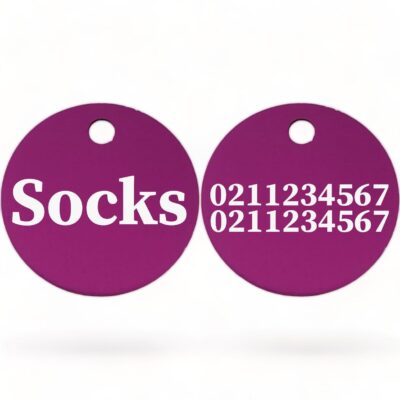 ⭐️Allpaws⭐️ - Name Front & 2 Numbers Back | Round Aluminium | Cat & Kitten ID Pet Tag - Purple