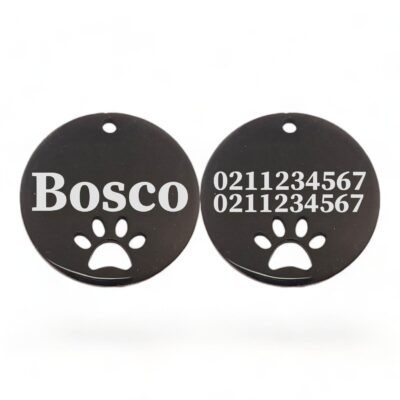 ⭐️Allpaws⭐️ - Name Front & 2 Numbers Back Round Paw Print | Mirror Stainless | Cat & Dog ID Pet Tag - Black / Large (Dog)
