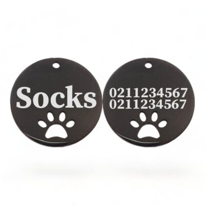 ⭐️Allpaws⭐️ - Name Front & 2 Numbers Back Round Paw Print | Mirror Stainless | Cat & Dog ID Pet Tag - Black / Small (Cat)