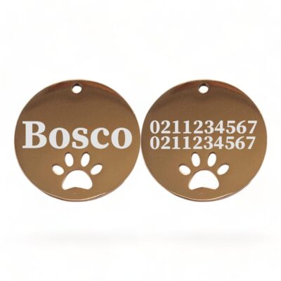 ⭐️Allpaws⭐️ - Name Front & 2 Numbers Back Round Paw Print | Mirror Stainless | Cat & Dog ID Pet Tag - BurlyWood / Large (Dog)