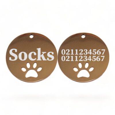 ⭐️Allpaws⭐️ - Name Front & 2 Numbers Back Round Paw Print | Mirror Stainless | Cat & Dog ID Pet Tag - BurlyWood / Small (Cat)
