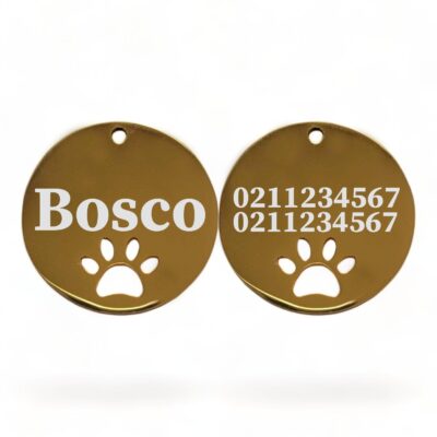 ⭐️Allpaws⭐️ - Name Front & 2 Numbers Back Round Paw Print | Mirror Stainless | Cat & Dog ID Pet Tag - Gold / Large (Dog)