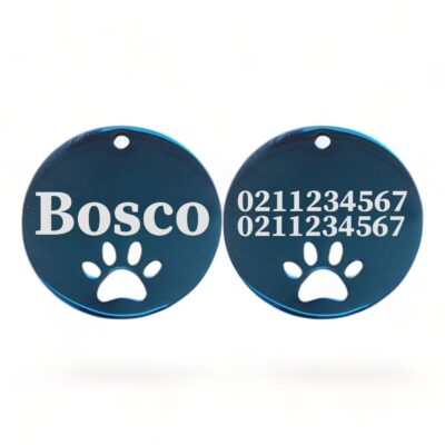 ⭐️Allpaws⭐️ - Name Front & 2 Numbers Back Round Paw Print | Mirror Stainless | Cat & Dog ID Pet Tag - MidnightBlue / Large (Dog)