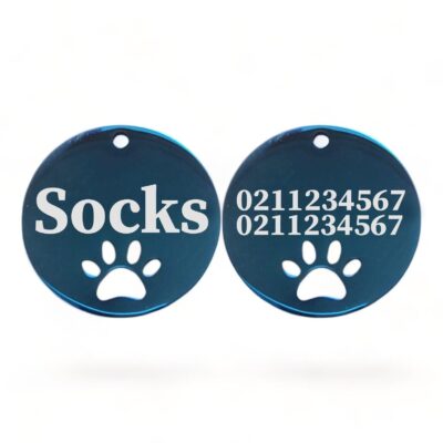 ⭐️Allpaws⭐️ - Name Front & 2 Numbers Back Round Paw Print | Mirror Stainless | Cat & Dog ID Pet Tag - MidnightBlue / Small (Cat)