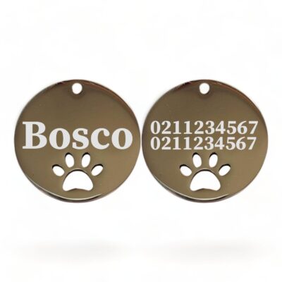⭐️Allpaws⭐️ - Name Front & 2 Numbers Back Round Paw Print | Mirror Stainless | Cat & Dog ID Pet Tag - Silver / Large (Dog)