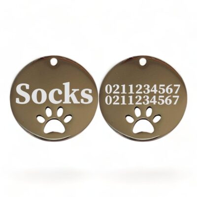⭐️Allpaws⭐️ - Name Front & 2 Numbers Back Round Paw Print | Mirror Stainless | Cat & Dog ID Pet Tag - Silver / Small (Cat)