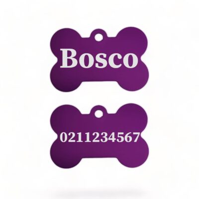 ⭐️Allpaws⭐️ - Name Front & Number Back | Bone Aluminium | Dog ID Pet Tag - Purple