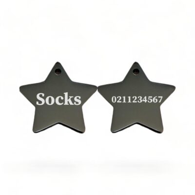⭐️Allpaws⭐️ - Name Front & Number Back | Mirror Stainless | Star Dog & Cat ID Pet Tag - Black / Cat (Small)
