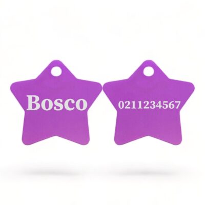 ⭐️Allpaws⭐️ - Name Front & Number Back | Star Aluminum | Cat, Kitten & Dog ID Pet Tag - Purple / Dog (Large)