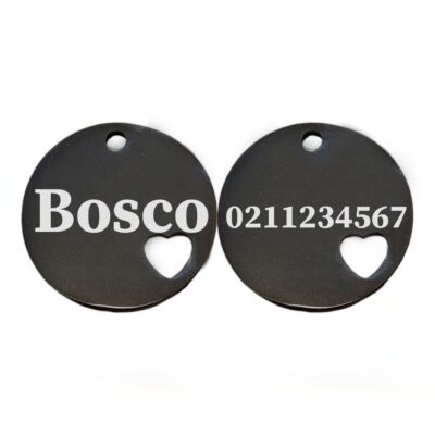 ⭐️Allpaws⭐️ - Name Front & Number Back Round Heart | Mirror Stainless | Cat & Dog ID Pet Tag - Black / Large (Dog)