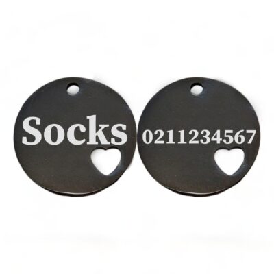 ⭐️Allpaws⭐️ - Name Front & Number Back Round Heart | Mirror Stainless | Cat & Dog ID Pet Tag - Black / Small ( Cat)