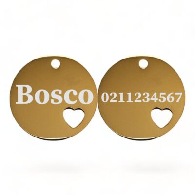 ⭐️Allpaws⭐️ - Name Front & Number Back Round Heart | Mirror Stainless | Cat & Dog ID Pet Tag - Gold / Large (Dog)