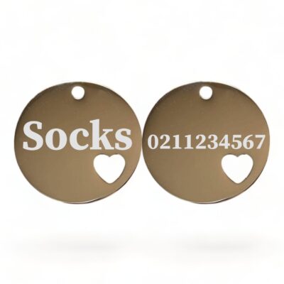⭐️Allpaws⭐️ - Name Front & Number Back Round Heart | Mirror Stainless | Cat & Dog ID Pet Tag - Silver / Small ( Cat)