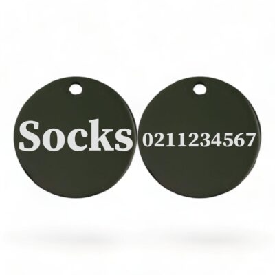 ⭐️Allpaws⭐️ - Name Front & Number Back Round | Mirror Stainless | Cat ID Pet Tag - Black