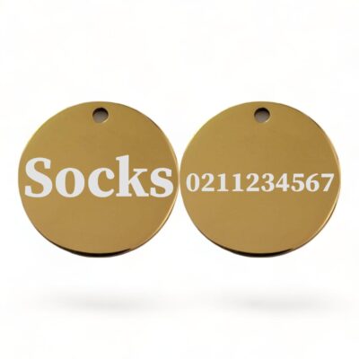 ⭐️Allpaws⭐️ - Name Front & Number Back Round | Mirror Stainless | Cat ID Pet Tag - Gold