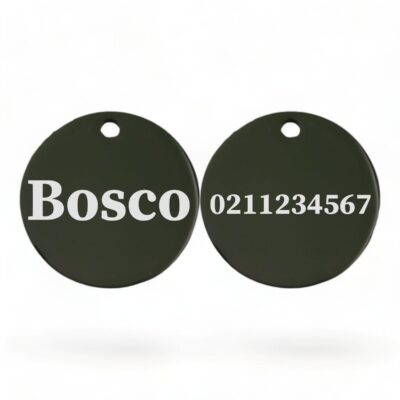 ⭐️Allpaws⭐️ - Name Front & Number Back Round | Mirror Stainless | Dog ID Pet Tag - Black
