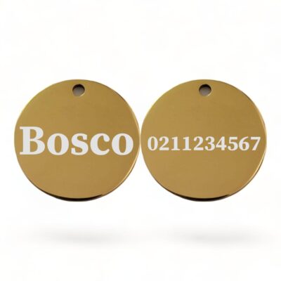 ⭐️Allpaws⭐️ - Name Front & Number Back Round | Mirror Stainless | Dog ID Pet Tag - Gold
