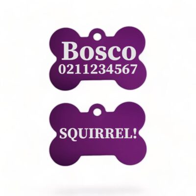 ⭐️Allpaws⭐️ - Squirrel! Funny | Bone Aluminium | Dog ID Pet Tag - Purple