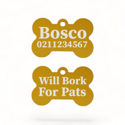 ⭐️Allpaws⭐️ - Will Bork For Pats | Bone Aluminium | Dog ID Pet Tag - Gold