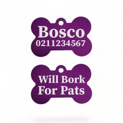⭐️Allpaws⭐️ - Will Bork For Pats | Bone Aluminium | Dog ID Pet Tag - Purple