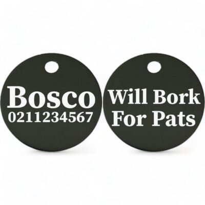 ⭐️Allpaws⭐️ - Will Bork For Pats | Round Aluminium | Dog ID Pet Tag - Black