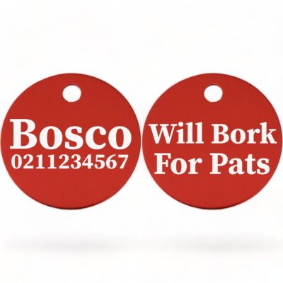 ⭐️Allpaws⭐️ - Will Bork For Pats | Round Aluminium | Dog ID Pet Tag - FireBrick