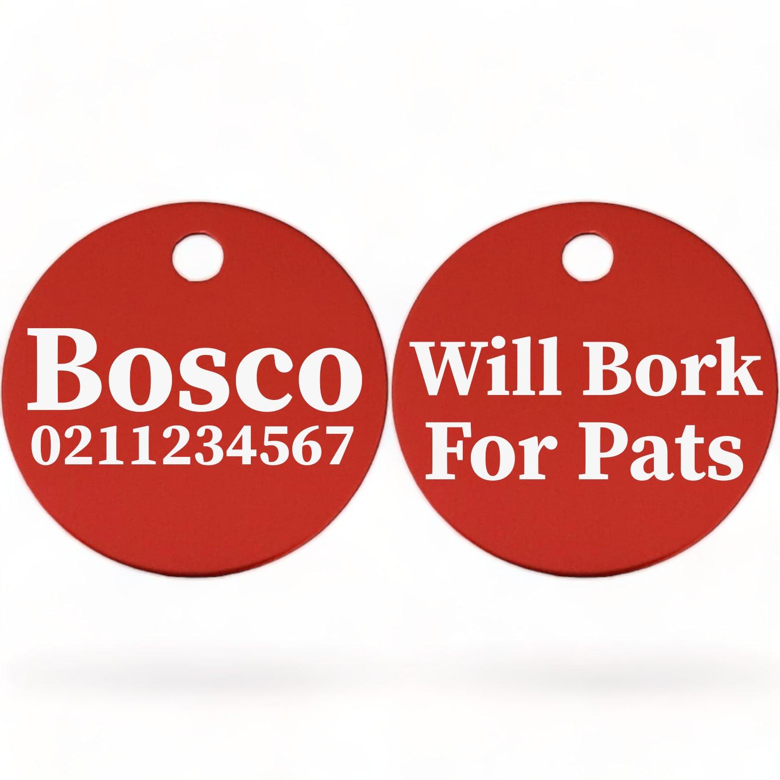 ⭐️Allpaws⭐️ - Will Bork For Pats | Round Aluminium | Dog ID Pet Tag - FireBrick