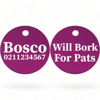 ⭐️Allpaws⭐️ - Will Bork For Pats | Round Aluminium | Dog ID Pet Tag - Purple