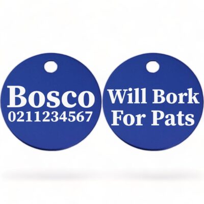 ⭐️Allpaws⭐️ - Will Bork For Pats | Round Aluminium | Dog ID Pet Tag - RoyalBlue
