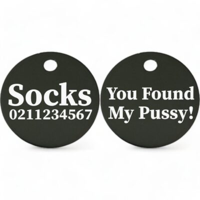 ⭐️Allpaws⭐️ - You Found My Pussy! | Round Aluminium | Cat & Kitten ID Pet Tag - Black