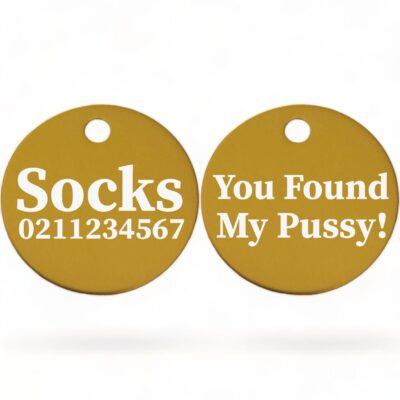 ⭐️Allpaws⭐️ - You Found My Pussy! | Round Aluminium | Cat & Kitten ID Pet Tag - Gold